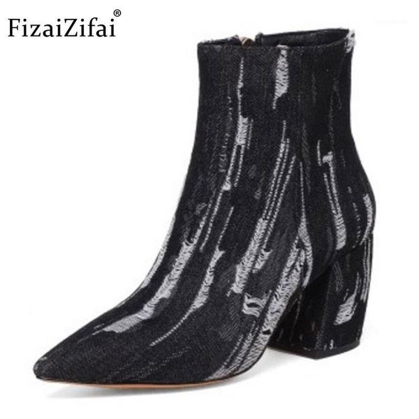 

boots coolcept size 32-43 ladies high heel pointed zipper scratch thick boot party club winter warm sapatos feminino1, Black