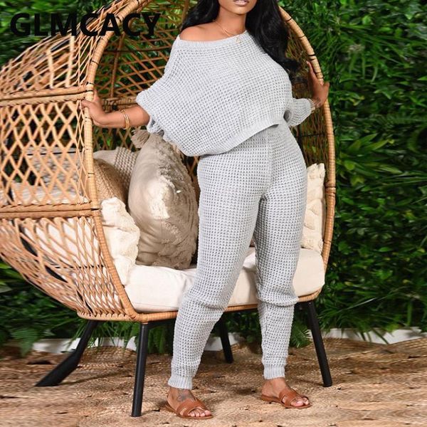 

women two piece knitwear suits long sleeve sweater and slim knitted pants set, Gray