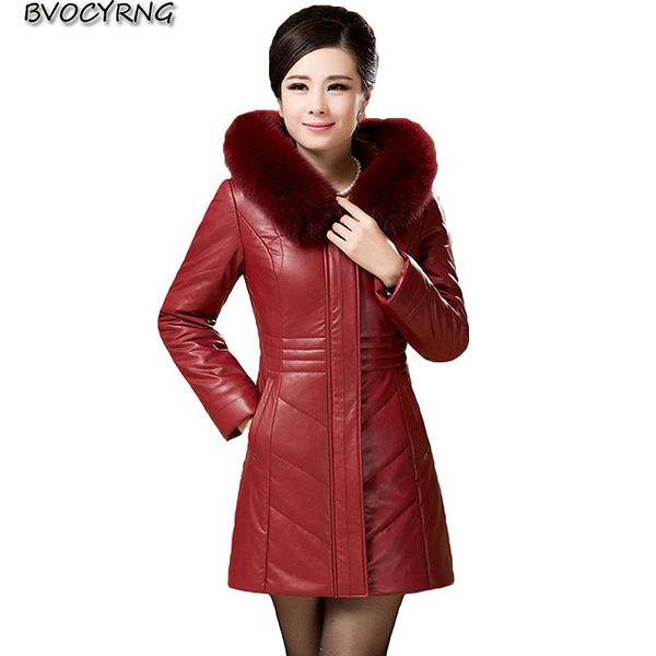 

women's leather & faux high end middle-aged women pu jacket winter thicken coat 2021 plus size slim female parka hooded outerwear, Black