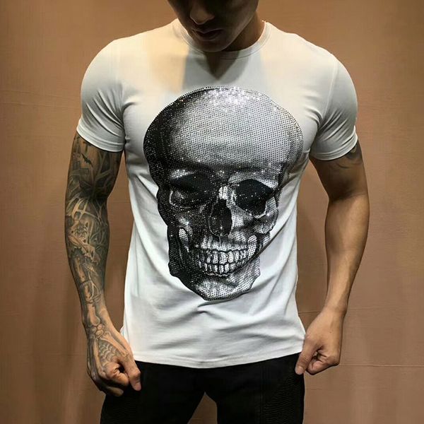 

summer designer shirt men clothing fashion tshirts shining rhinestone big skulls cotton t-shirt male tees lnqq, White;black