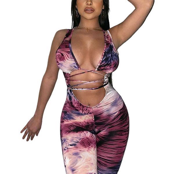 

bandage tie dye hollow out rompers womens jumpsuit fitness sleeveless push up bodycon party jumpsuits v neck overalls, White;black