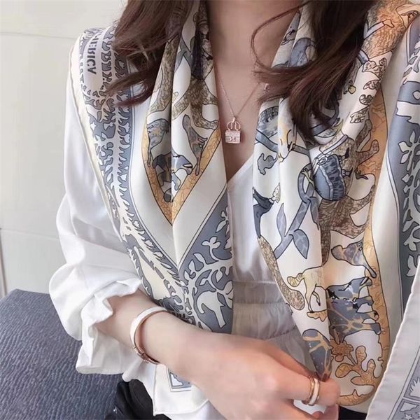 

bysifa] new brand scarf hijab fashion 100% pure silk square grey beige women scarves shawl fall winter luxury neck scarf cape y201024, Blue;gray