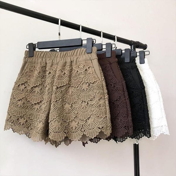 

lace shorts women spring autumn high waist shorts elastic wide leg short black white ladies short feminino q2248, White;black