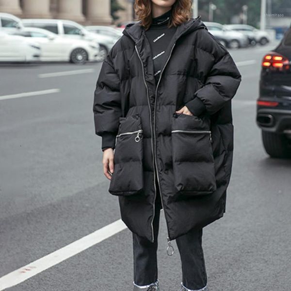 

big pockets new autumn winter outerwear 2019 black oversized hooded cotton-padded coat long loose plus size women parkas a3331