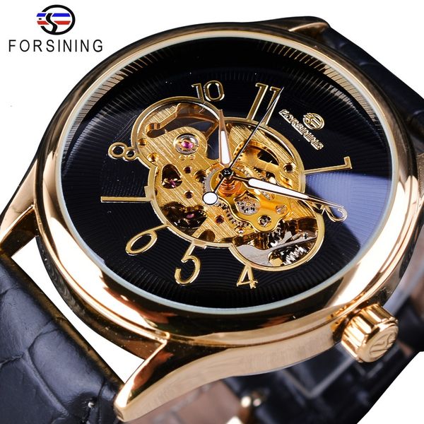 

forsining classic creative skeleton design golden case transparent open work men watch brand luxury mechanical wristwatch, Slivery;brown