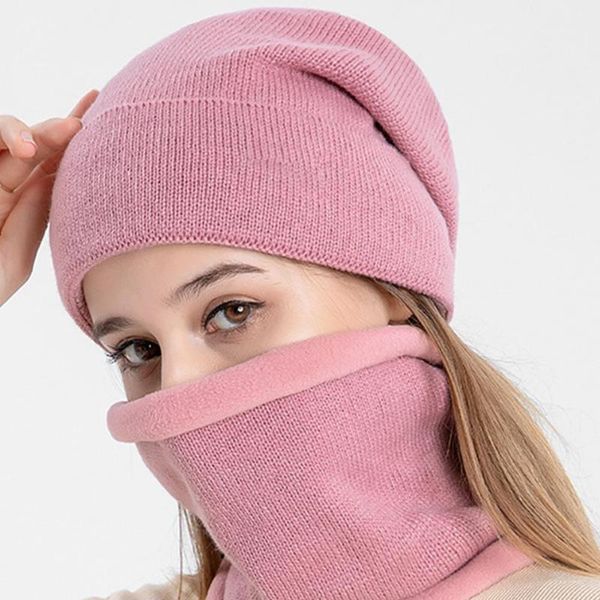 

beanies neckerchief set solid color warm hat supplies plush knit for winter1