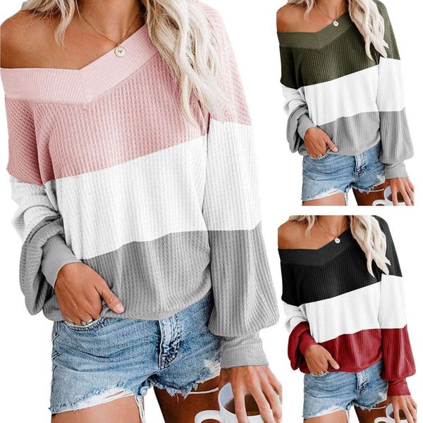 

new women's v-neck bat sleeve sweater with three color stitching loose t-shirt in autumn and winter 2020, White;black