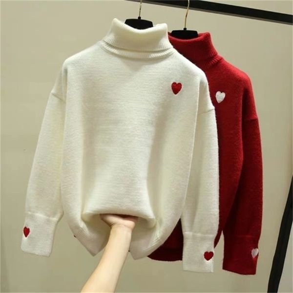 

2021 new spring heart knitting female turtleneck long sleeve sweater knitted-out ladys s7g2, White;black