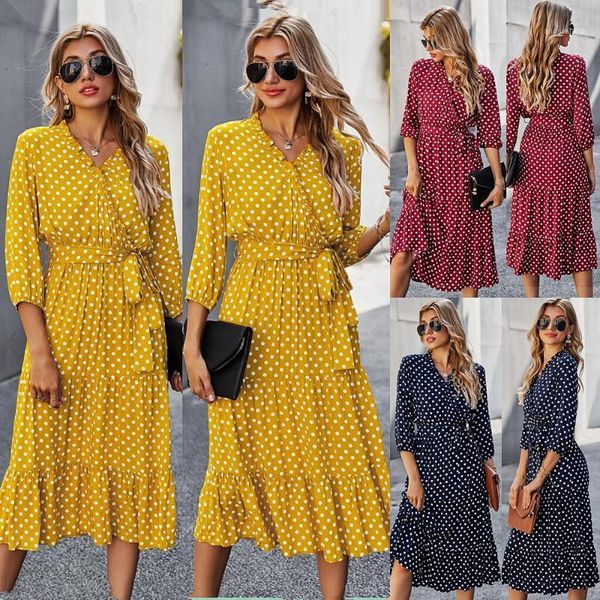 

fashionable new dot print dress women's spring and autumn 3 / 4 sleeve v-neck ruffle belt decoration elegant dress vestidos1, Black;gray