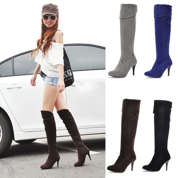 

winter boots women shoes over the knee round toe long tube flock fashion boot female high heels black gray brown size 40 43