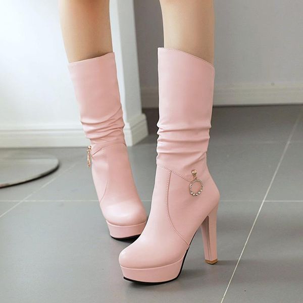 

aiweiyi half knee boots black white slip-on autumn winter women shoes platform pumps mid calf boots booties motorcycle