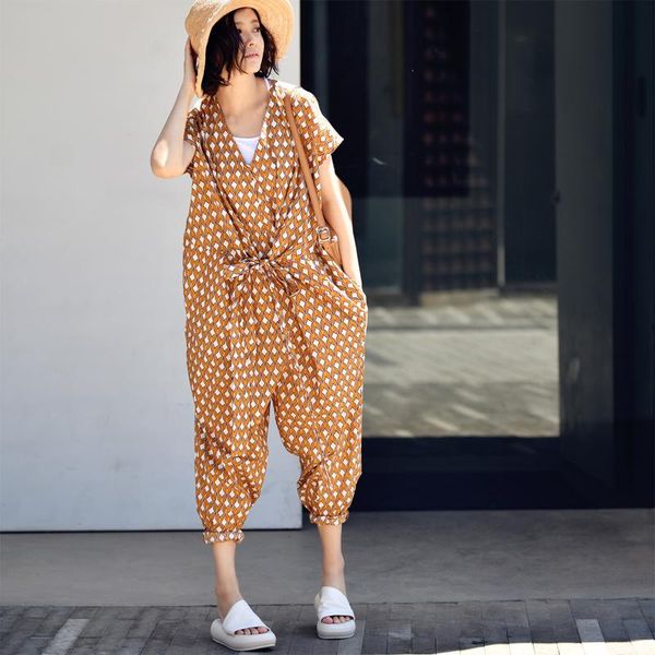 

micoco k2566c comfortable cotton bow belt v - neck short - sleeved jumpsuit, Black;white