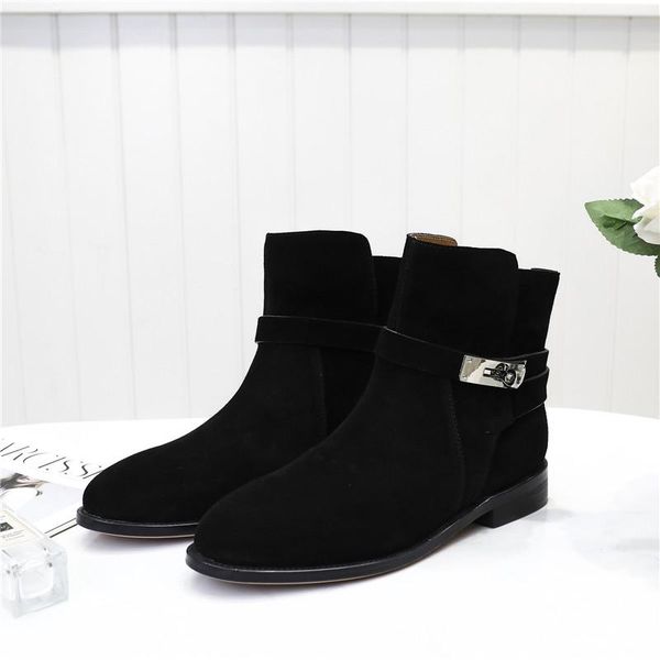 

round head suede flat boots headband with buckle short plush women shoes new winter fashion casual wild slip-on solid snow boots, Black