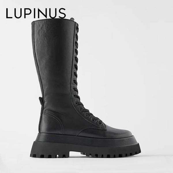 

люпин коренастых платформ pu leather knee high boots езда сапоги круглый toe колено высокой кожаная женская обувь, Black