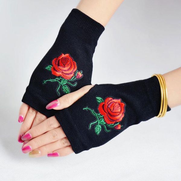 

five fingers gloves rose printed lady rhinestone fingerless hand women men knitted black wool half finger mittens warm touch screen, Blue;gray