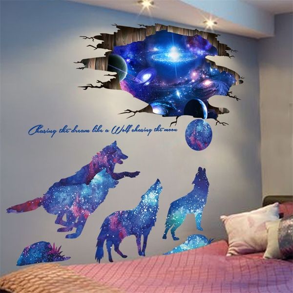 Universo Galaxy Adesivos de Parede Vinil DIY Moon Wolves Decalques Mural para Quartos Kids Decoração de Bebê Decoração 201201