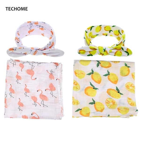 

flamingo cactus pattern baby swaddle headband set cotton baby receiving blanket infant newborn bed crawling sheets soft wrap y201009