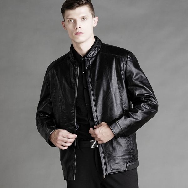 

winter woolen lining leather jacket mensoft woolen lining business pu leather jacket men 2 colors j9516-48878-e 201119, Black
