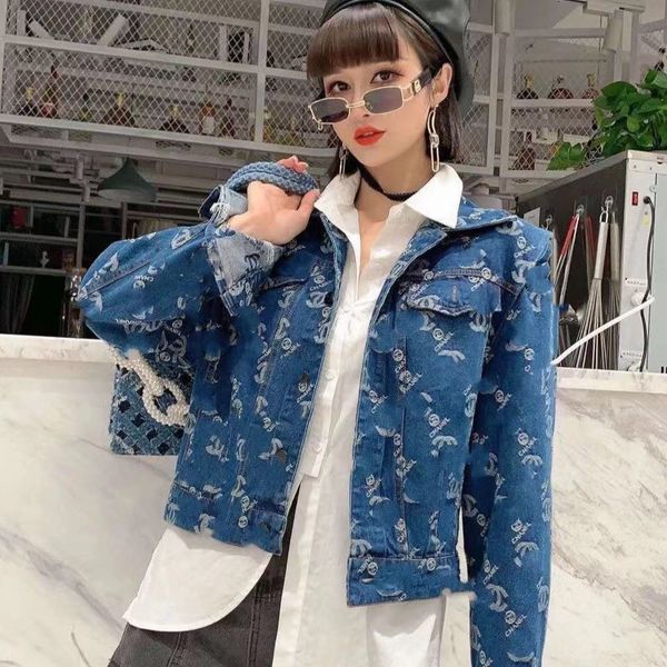 

та же веб-знаменитость 2020 осень зима новый жаккардовый джинс куртка короткий гонконг стиль популярное логотип блузка, Black;brown