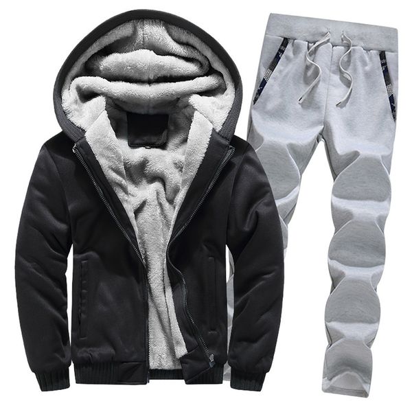 

2021 new winter men outfit fleece hoodies and pants fashion 2 piece set sportswear tracksuit running suit jogging workout clothes 92aj, Black