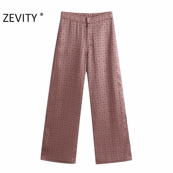

zevity new women vintage position flower print straight pants female leisure retro long trousers chic elastic waist pants p941 201228, Black;white