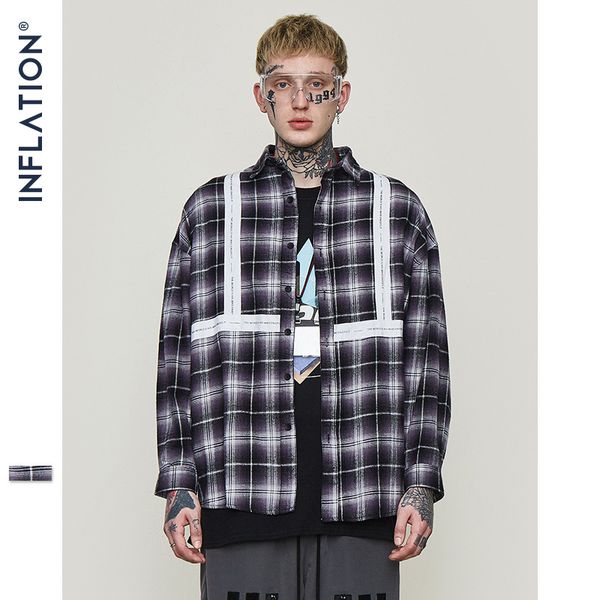 

inf men's clothing | 2019 spring and summer new round hem oversize stamping letter ribbon stitching plaid shirt, White;black