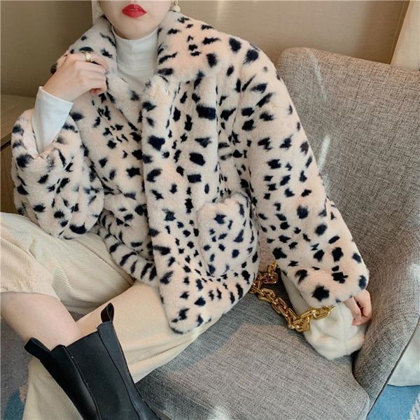 

women's fur & faux lucyever fashion leopard coat women winter warm turn-down collar thicken plush coats korean casual furry crop jacket, Black