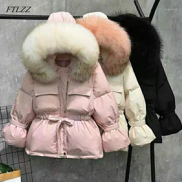 

ftlzz new large natural raccoon fur winter jacket women white duck down short coats thick warm sash tie up parkas snow coat1, Black