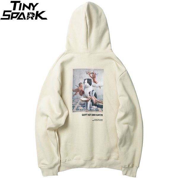

men hip hop hoodie sweatshirt angel cat print harajuku streetwear funny hoodies pullover cotton autumn hooded sweatshirts 201013, Black