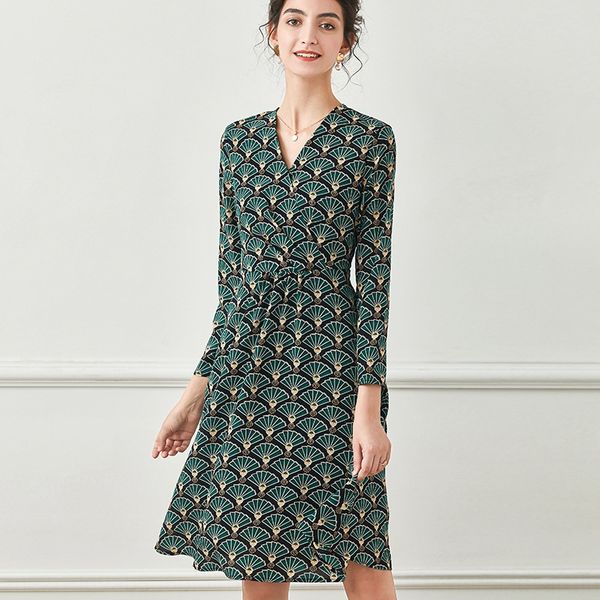 

shangpin 2020 autumn new women's fashion v-neck nine point long skirt dress sleeve slim printed mid length dress for women eagxe, Black;gray