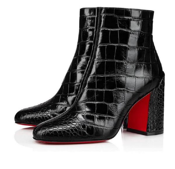 

winter fashion women ankle boots,elegant lady red bottom shorts boots turela black textured printed calfskin ali leather with chunky heels