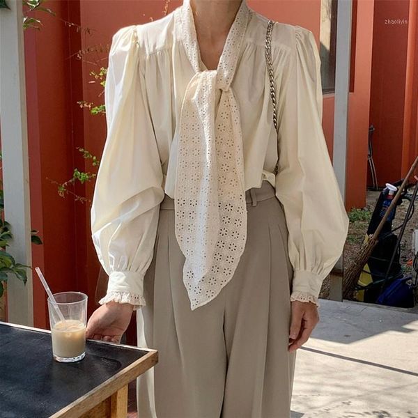 

collar crochet shirt women blouses lantern sleeve elegance chic shirts 2021 new hollow out bow office lady loose autumn full1, White