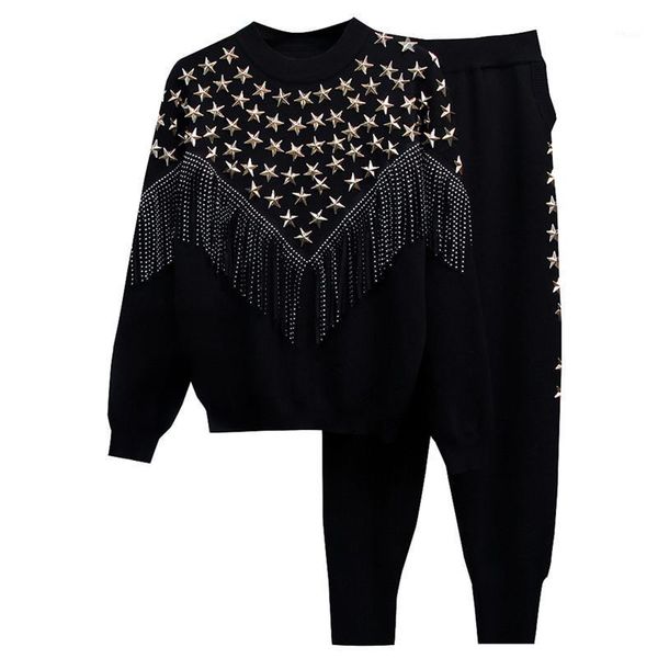 

knitted 2 peice set women long sleeve beading sweater female +pants suit casual tracksuit outfits 2020 winter1, Gray