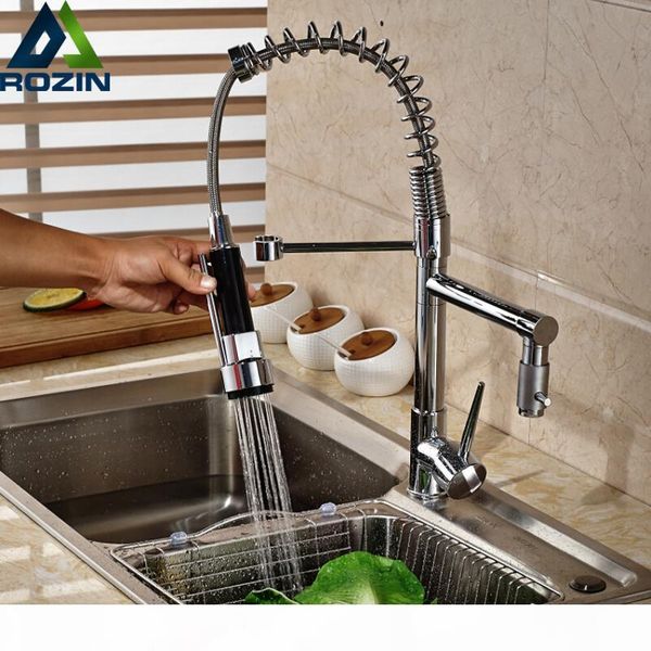 

deck mounted pull down chrome kitchen faucet water tap single handle swivel dual spout kitchen sink mixer tap