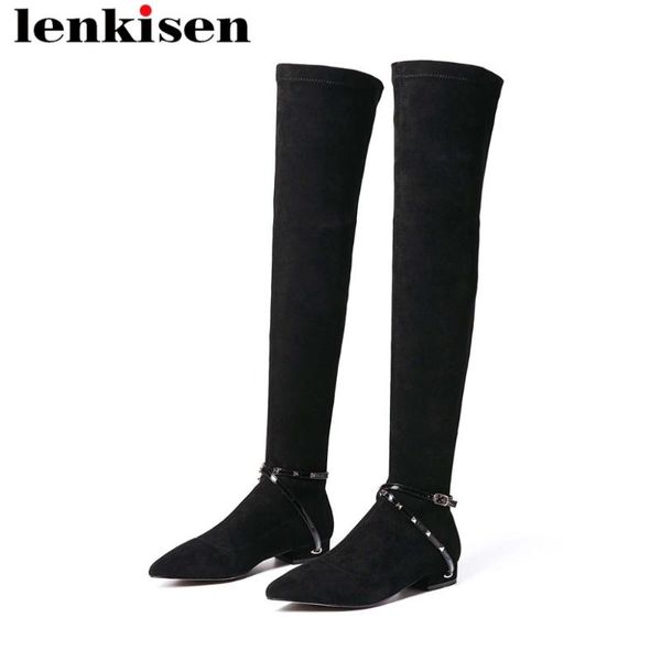 

lenkisen pointed toe square low heels slip on buckle decoration high street fashion runway streetwear women thigh high boots l50, Black