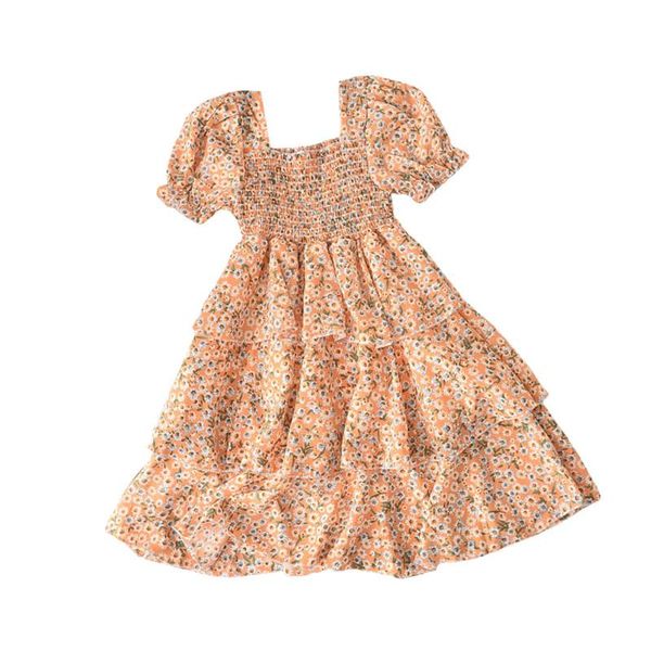 

kids girls fashion short sleeve floral dress stylish square collar dress for children girls, Red;yellow