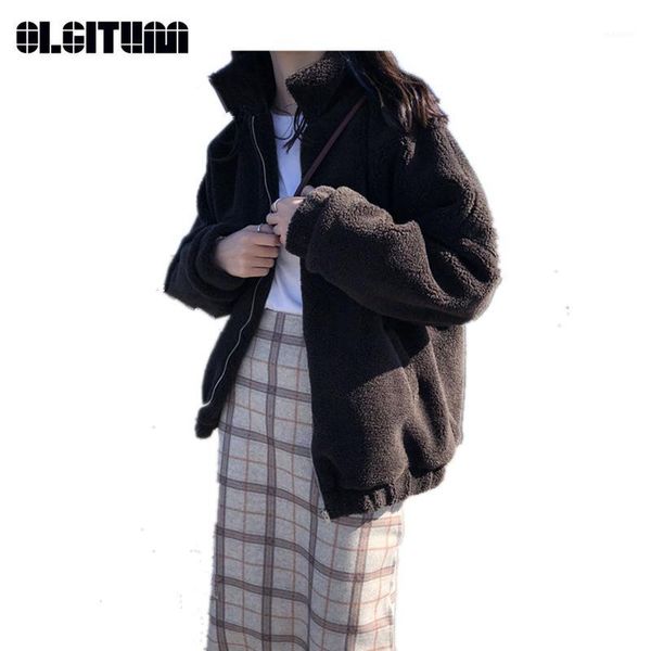 

olgitum new 2018 winter stand collar thickening lamb women cotton coat hooded zipper pocket women jacket cc9231, Black;brown