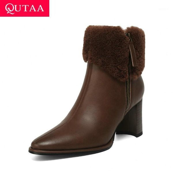 

qutaa 2021 ankle boots wool zipper genuine leather women boots square high heel all match winter ladies shoes big size 34-431, Black
