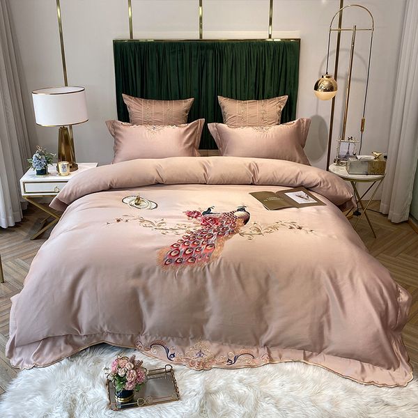 

champagne luxury 100s satin silk cotton oriental peacocks embroidery bedding set duvet cover bed linen fitted sheet pillowcases 1012