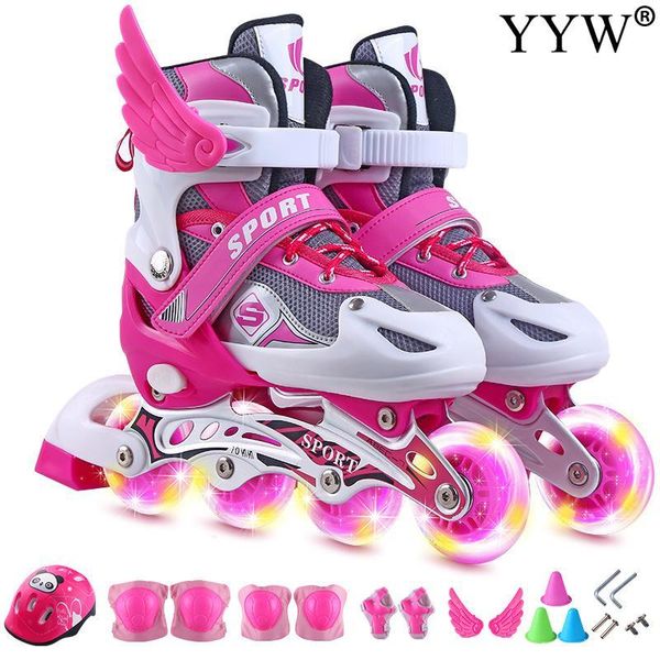 

pink children's roller skates size adjustable inline skates for boys girls kids roller skating sneakers pu flashing 4 wheels