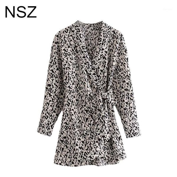 

nsz women animal print cross v neck wrap dress vintage long sleeve ladies asymmetry holiday outfits short mini dress vestidos1, Black;gray
