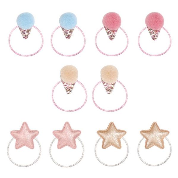 

boutique 10sets fashion cute glitter star hair ties felt pom pom icecream elastic hair bands princess headwear accessories, Slivery;white