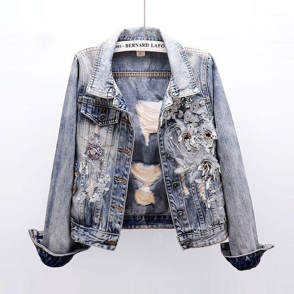 

ripped denim jacket 2020 spring new fashion women jackets flower appliques long sleeve short jacket plus size loose jean1, Black;brown