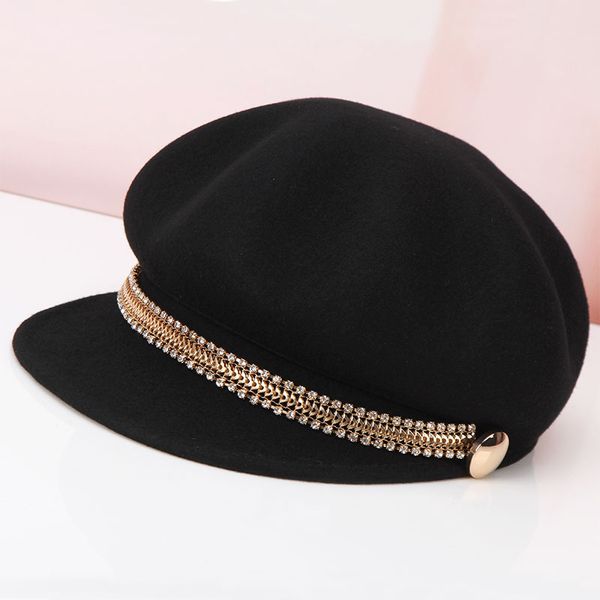 

berets h273 fall winter wool beret hat women diamond chain cap female girl korean fashion pure color sboy outdoor casual hats, Blue;gray