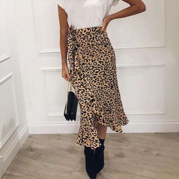 

fashion women girl summer boho pleated retro long maxi skirt elastic high waist leopard print bandage midi skirt, Black