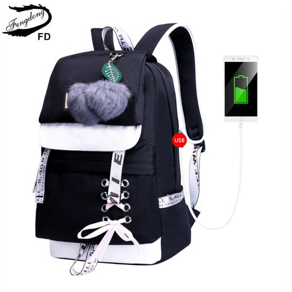 

fengdong fashion black pink waterproof nylon school backpack for girls korean style backpack cute bowknot children school bags lj200917