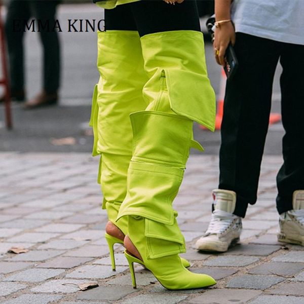 

2020 fashion multi pocket thin high boots women ladies high heels dress long boots runway slingbacks heels botas mujer, Black