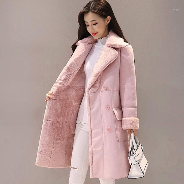 

2019women suede fur winter coat 2018 fashion thick faux sheepskin long jacket overcoat female solid warm trench coats1, Black