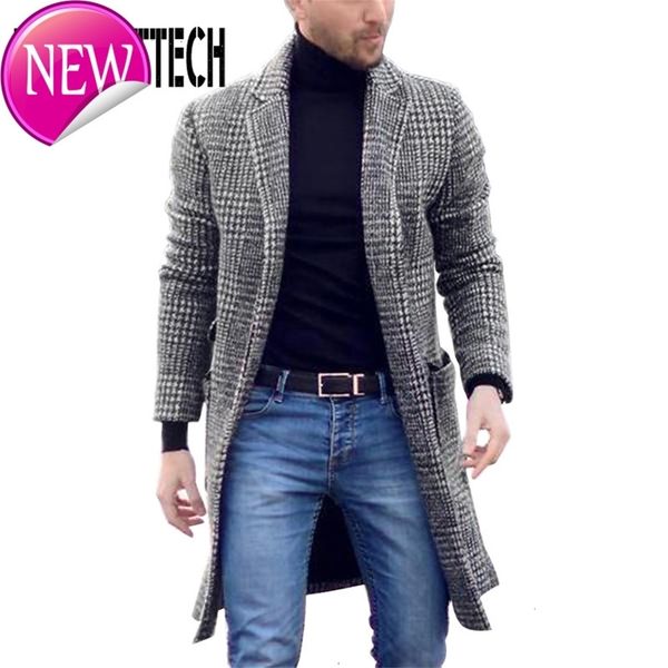 

autumn winter vintage mens plaid lapel collar midi woolen coat warm slim cardigan coat fashion men hoodie thick long wool coat, Black