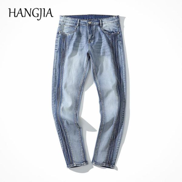 

hip hop washed distressed skinny jeans 2020 men women all-match drawstring denim pants side pleated jean slim fit for men, Blue